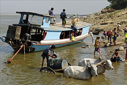 人,船,岸边,伊洛瓦底江,缅甸,亚洲