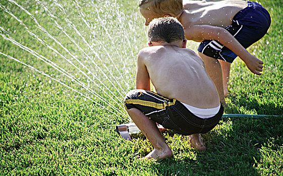 男孩,玩,花园,洒水器