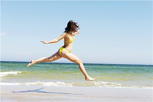 高兴,女孩,跳跃,海滩