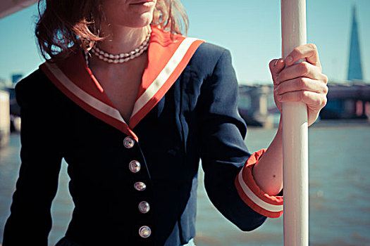 美女,水手,装束,放松,船,泰晤士河,伦敦,英格兰