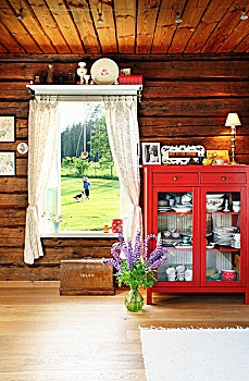 红色,柜橱,靠近,窗户,花园,风景,木屋