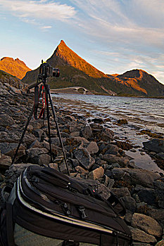 摄影,三脚架,落日,背包,罗弗敦群岛,挪威