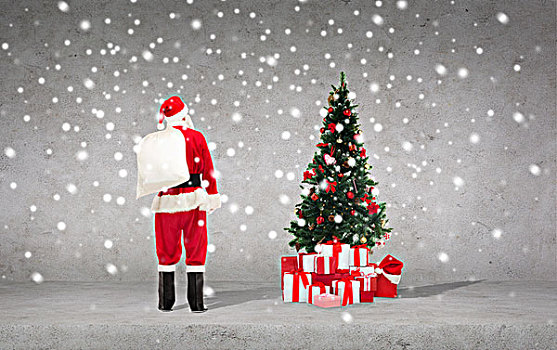 休假,人,概念,男人,服饰,圣诞老人,包,上方,混凝土墙,雪花,圣诞树,背景