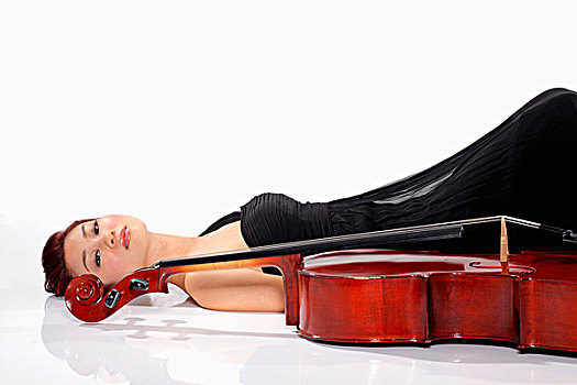女人,卧,靠近,大提琴