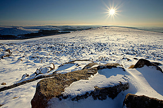 英格兰,德文郡,达特姆尔高原,冬天,阳光乍现,上方,顶峰,皮革,水库