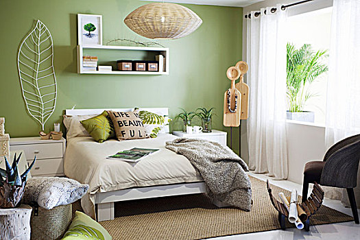 鲜明,现代,卧室,淡色调,绿色,墙壁,白色,家具,地毯