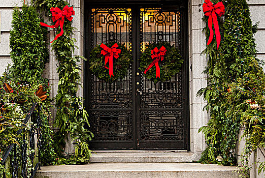纽约,东方,街道,圣诞节,花环,绿色,装饰,建筑,入口