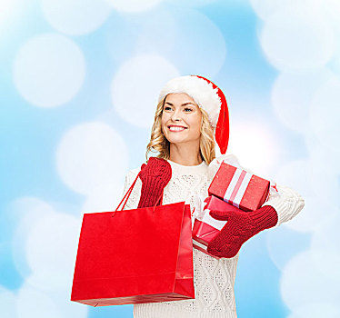 高兴,寒假,圣诞节,人,概念,微笑,少妇,圣诞老人,帽子,礼盒,购物袋,上方,蓝色,背景