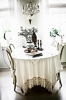 桌子,白色,桌布,椅子,弯曲,乡村,餐厅