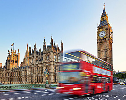 议会大厦,大本钟,威斯敏斯特桥,红色公交车,动感,伦敦,英格兰,英国,欧洲