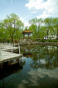 中國古典園林湖泊中的石板橋和涼亭