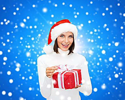 圣诞节,冬天,高兴,休假,人,概念,微笑,女人,圣诞老人,帽子,礼盒,上方,蓝色,雪,背景