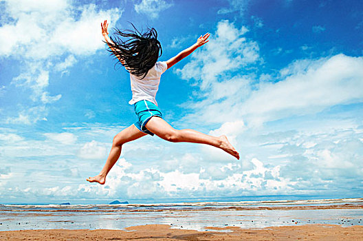 女孩,沙滩,海洋,跳跃,空中