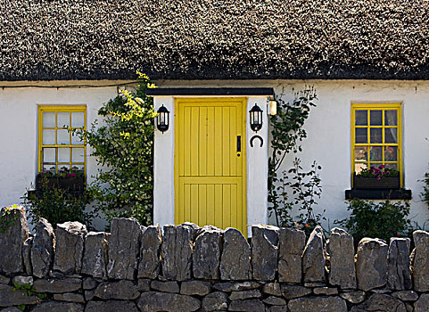 爱尔兰,黄色,门,窗户,传统,房子,石头,栅栏