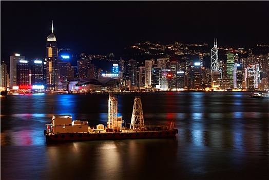 小,货运,船,香港,夜晚