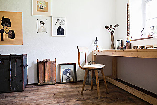 长,木桌子,木椅,仰视,窗户,现代,头像,房间,木地板