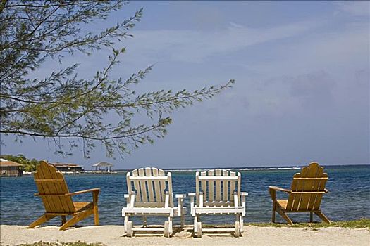 四个,折叠躺椅,海滩,小湾,海湾群岛,洪都拉斯