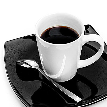 黑咖啡,大杯,勺子,碟,高处,白色背景