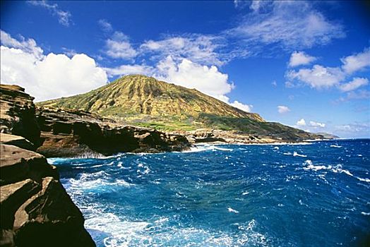 夏威夷,瓦胡岛,东南部,海岸线,海洋,天空,云