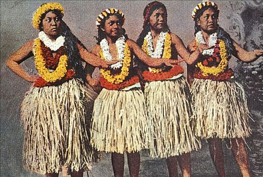 夏威夷,女性,草裙舞,稻草,裙子,花环,手,明信片