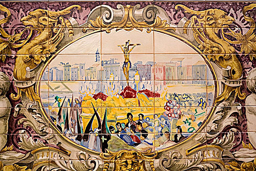 瓷砖,描绘,宗教,场景,西班牙广场,玛丽亚,公园,塞维利亚,西班牙