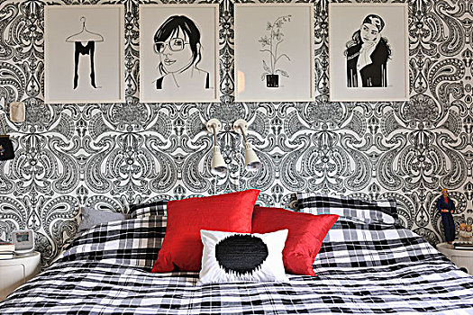 卧室,黑白,绘画,花,佩斯利螺旋花纹,壁纸,格子布,床上用品,红色,散落,垫子,彩色