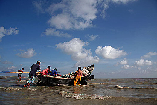 渔民,移动,船,女儿,海洋,一个,自然,斑点,全景,上升,夕阳,湾,孟加拉,流行,旅游