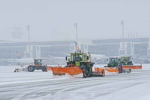 雪,冬天,拖拉机,飞机,东方,围裙,慕尼黑机场,巴伐利亚,德国,欧洲