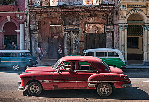 古巴,男人,行驶,红色,经典,美洲,50年代,汽车,哈瓦那