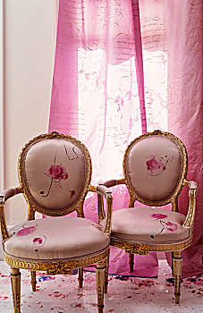 一对,路易十六,扶手椅,软垫,手绘,丝绸,苍白,粉色,帘