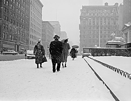 美国,纽约,人,走,雪中,第五大街,正面,纽约公共图书馆