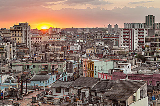 古巴,哈瓦那,太阳,上方,拥挤,衰败,城市
