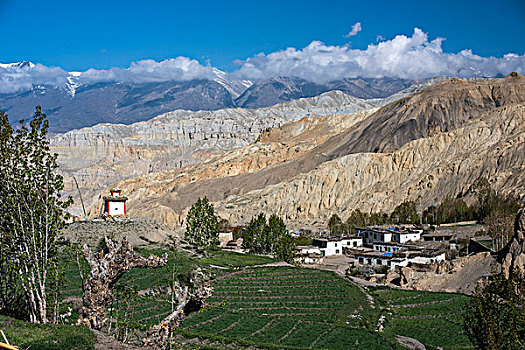 山,侵蚀,风景,小,乡村,佛塔,绿色,地点,莫斯坦王国,喜马拉雅山,尼泊尔,亚洲