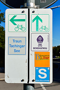 标识,自行车道,齐姆高,上巴伐利亚,巴伐利亚,德国,欧洲