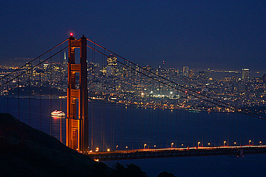 美国,加利福尼亚,金门大桥,夜晚,旧金山,远景
