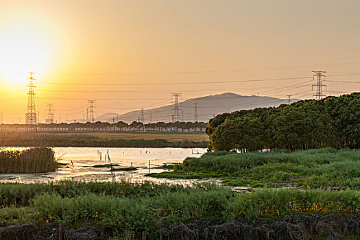 夕阳下的沼泽远山高压电塔