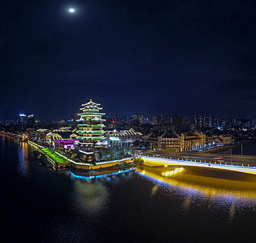 广东惠州合江楼夜景航拍风光