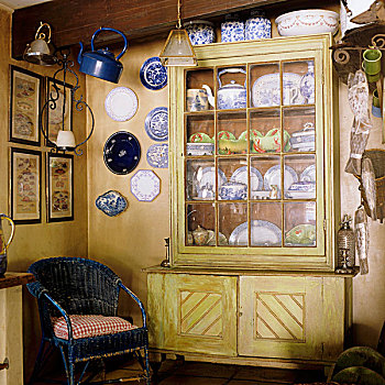 蓝色,柳条椅,盘子,墙壁,靠近,瓷器,柜橱