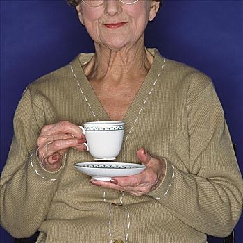 老年,女人,一杯咖啡