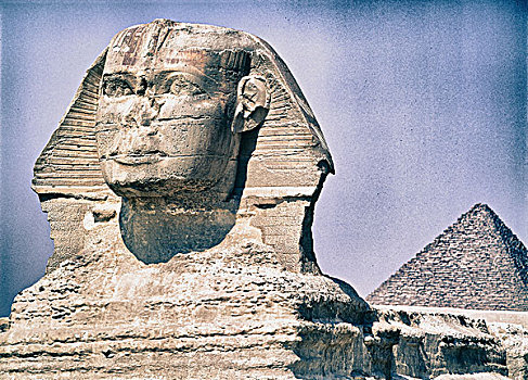 特写,狮身人面像,胡夫金字塔,背景,吉萨金字塔,埃及
