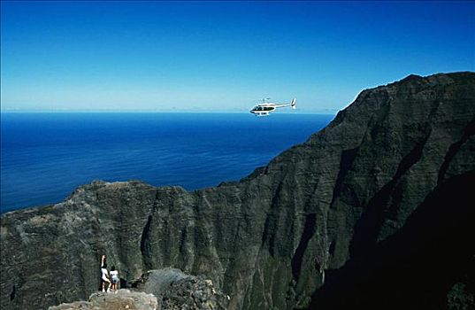 夏威夷,考艾岛,威美亚峡谷,远足者,远眺,山谷,海洋,直升飞机,空中