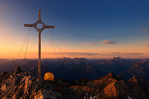 顶峰,十字架,帐蓬,格罗塞尔,山,日出,提洛尔,奥地利,欧洲
