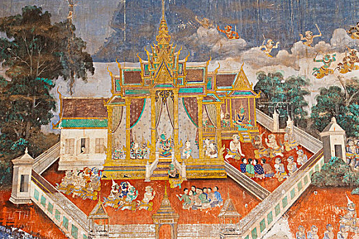 柬埔寨,金边,罗摩衍那,墙壁,壁画,银,塔