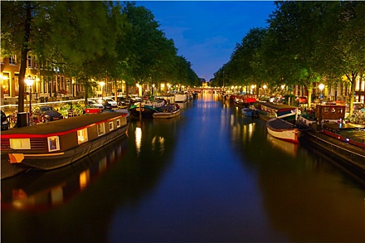 夜晚,城市风光,阿姆斯特丹,运河,船屋