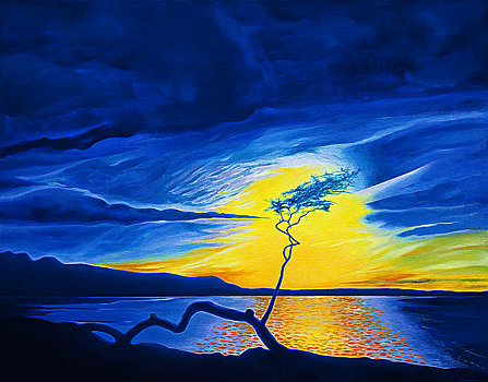 蓝色,日落,夏威夷,夏威夷大岛,黄色,天空,孤树,枝条,剪影,丙烯酸树脂,油画