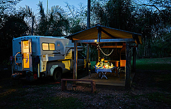 露营车,停放,营地,野餐,蔽护,夜晚,鲣,南马托格罗索州,巴西,南美
