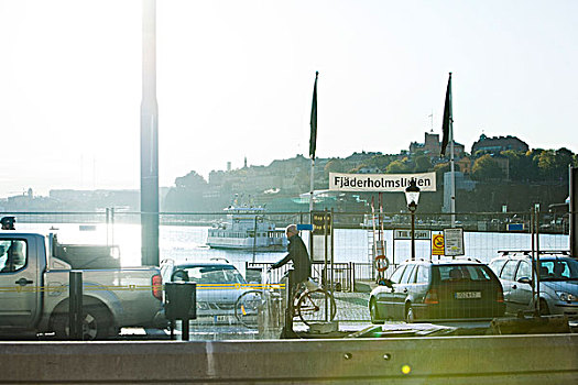 瑞典,斯德哥尔摩,热闹街道,运河,渡轮,背景