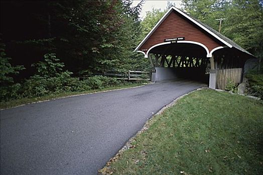 风雨桥,道路,桥,弗兰科尼亚山峡州立公园,新罕布什尔,美国
