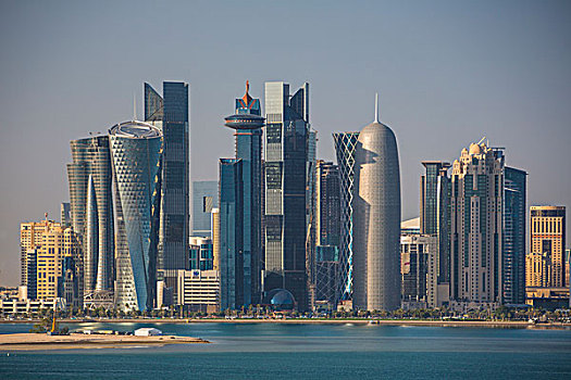 卡塔尔,多哈,城市,滨海路,西部,湾,天际线