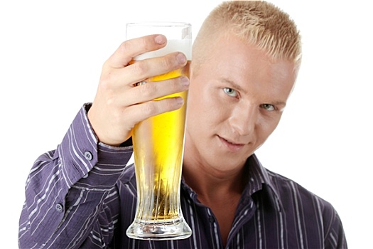 高兴,男青年,拿着,玻璃杯,啤酒